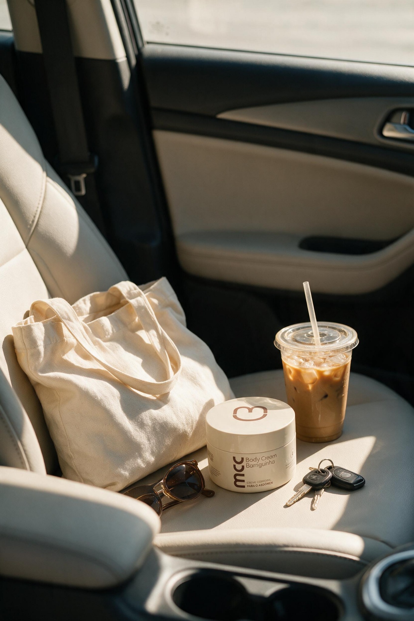 Body Cream ao lado de café gelado, bolsa e chaves dentro do carro