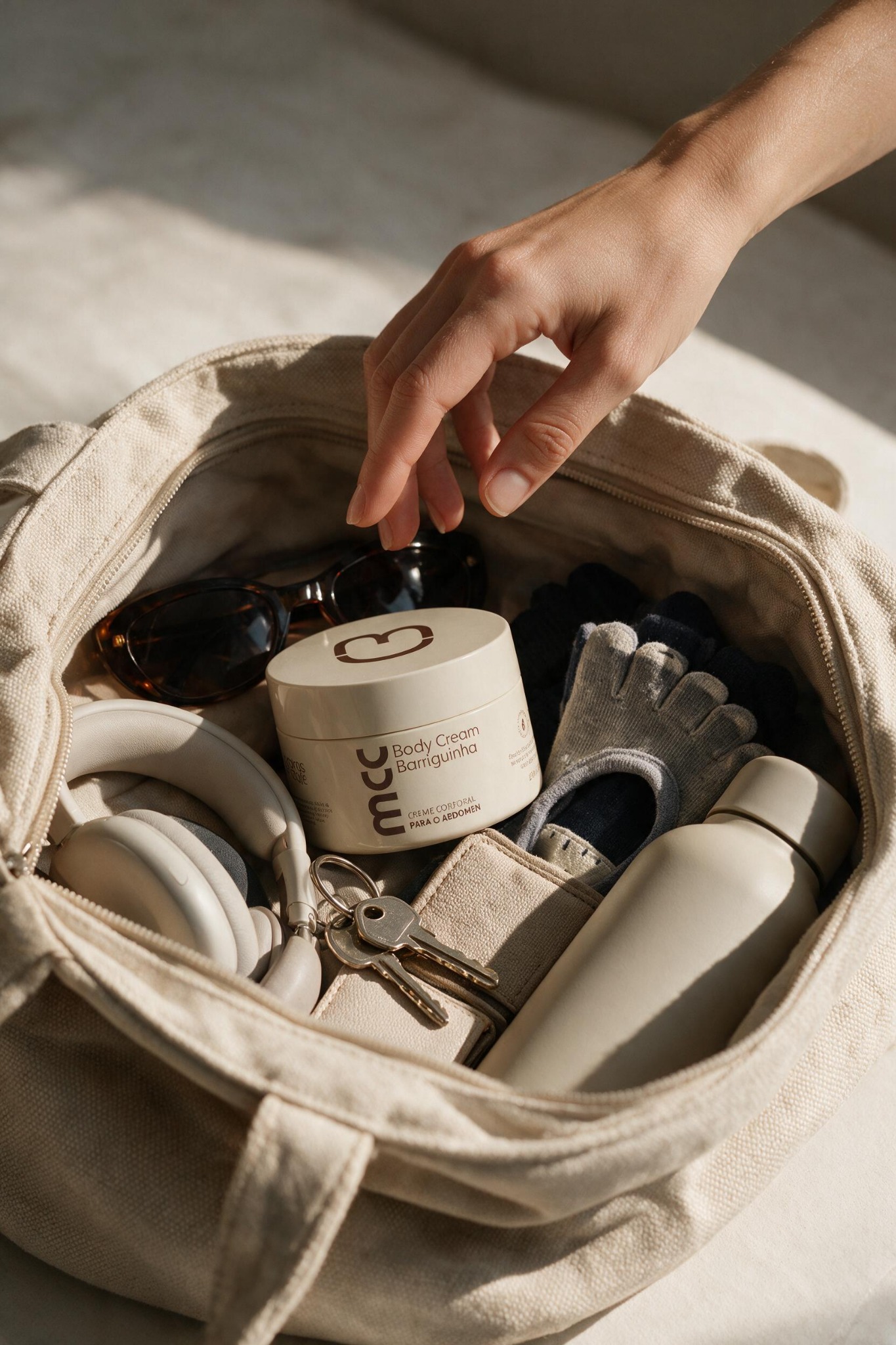 Body Cream dentro da bolsa com acessórios da rotina de pilates