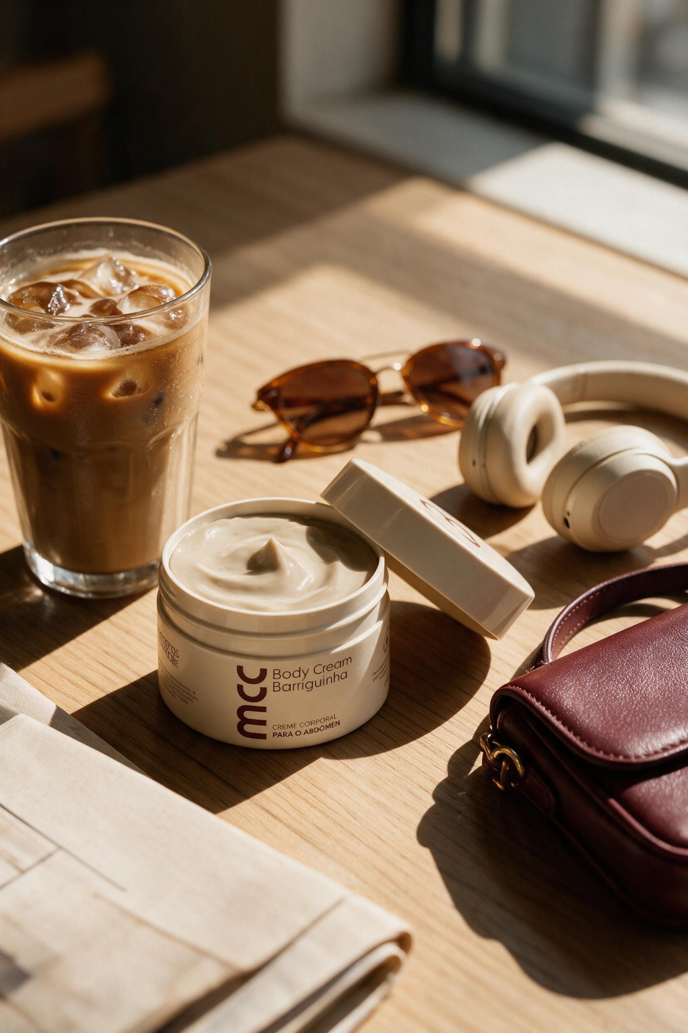 Body Cream aberto ao lado de café gelado, bolsa e fones